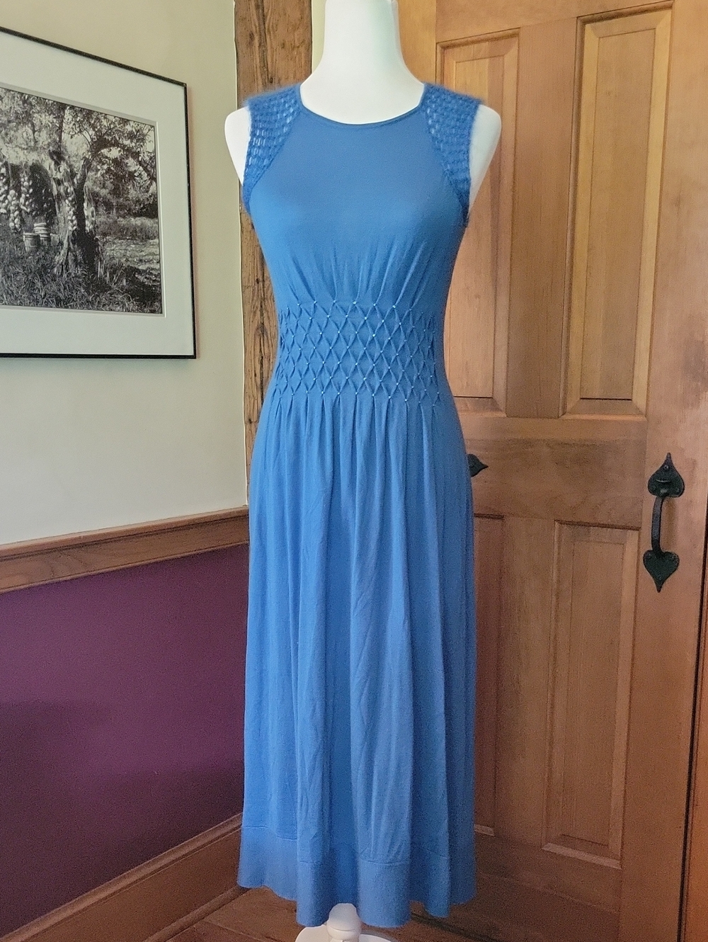 Vintage iisli Silk Cashmere Blend Smocked Maxi Dress Blue Y2K